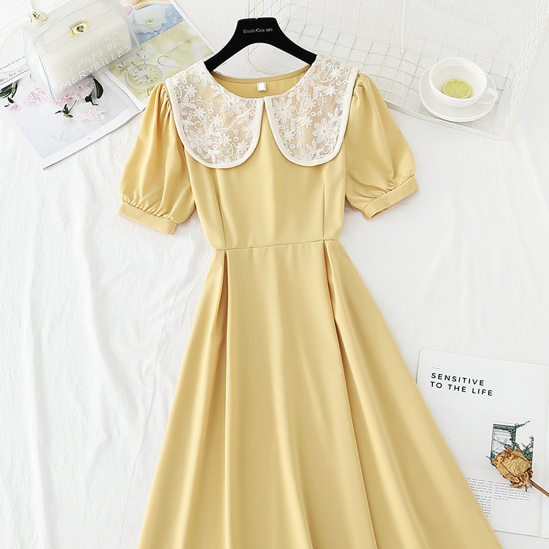 Lace doll Neck Chiffon Dress with slim waist  4855