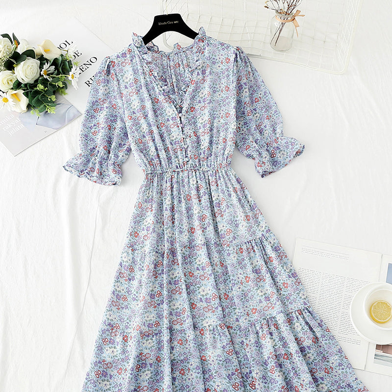 New sweet Floral Chiffon French V-neck slim fairy skirt  4872