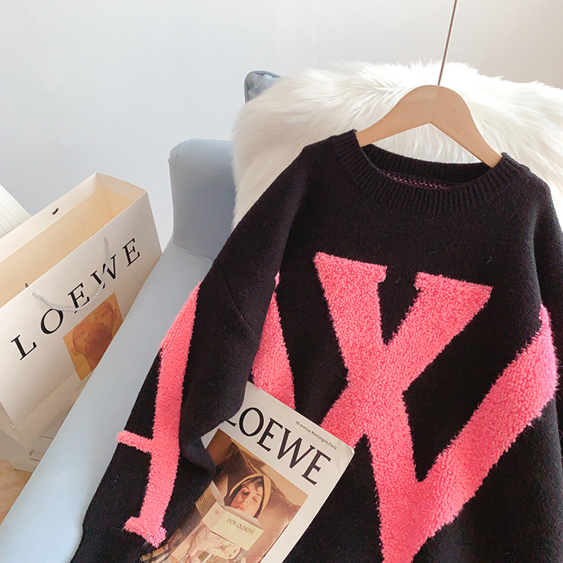 Lazy Letter dreidimensionaler beflockter Jacquard-Pullover 5043