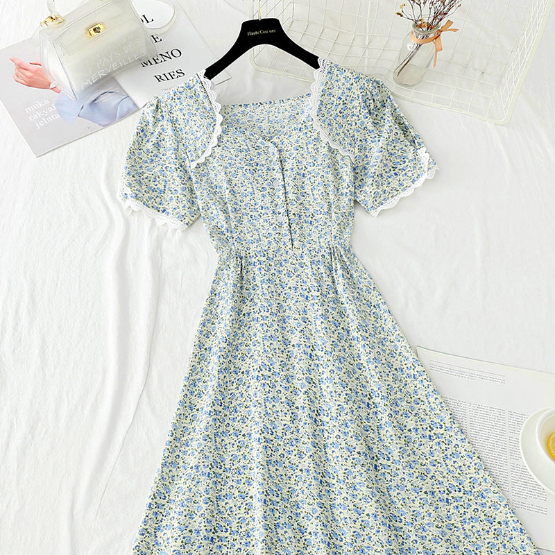 Square collar lace edge sweet floral skirt tea break temperament small skirt  4888