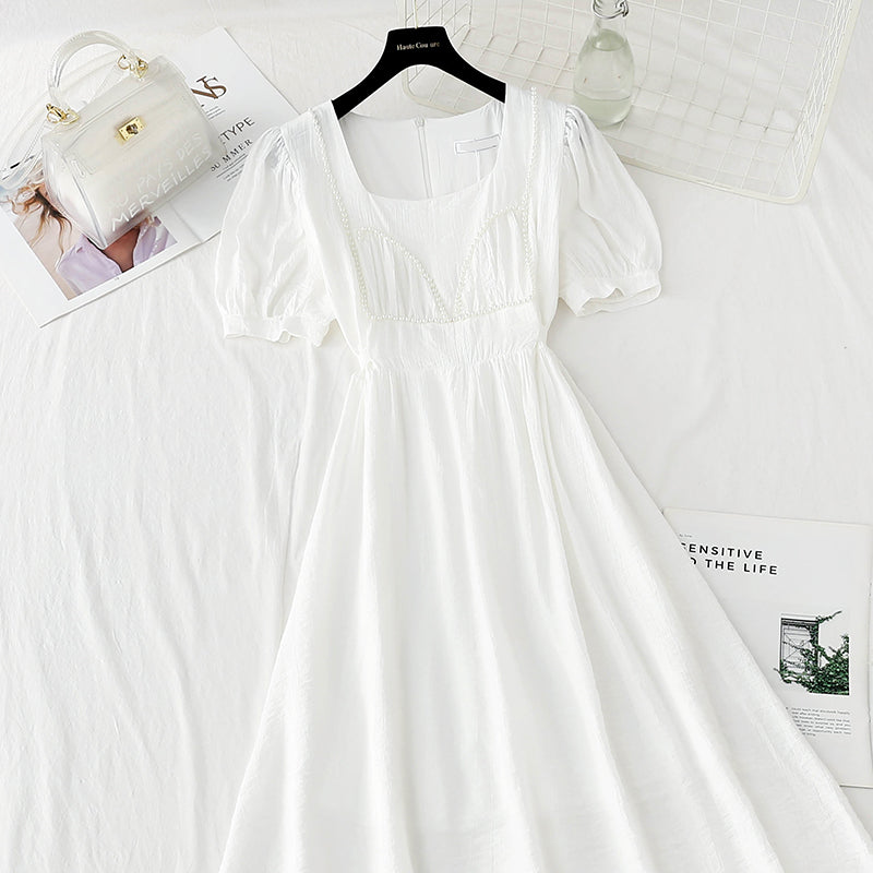 New French bubble sleeve small skirt square neck Fairy Dress  4867