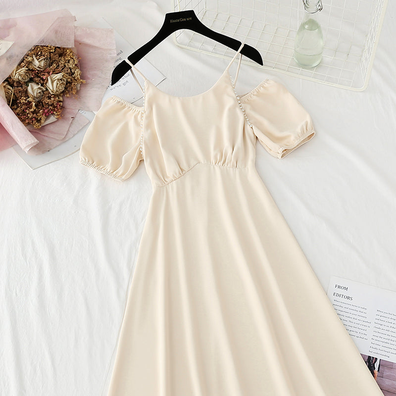 New French pearl off shoulder sling small skirt Bubble Sleeve Chiffon Skirt  4870