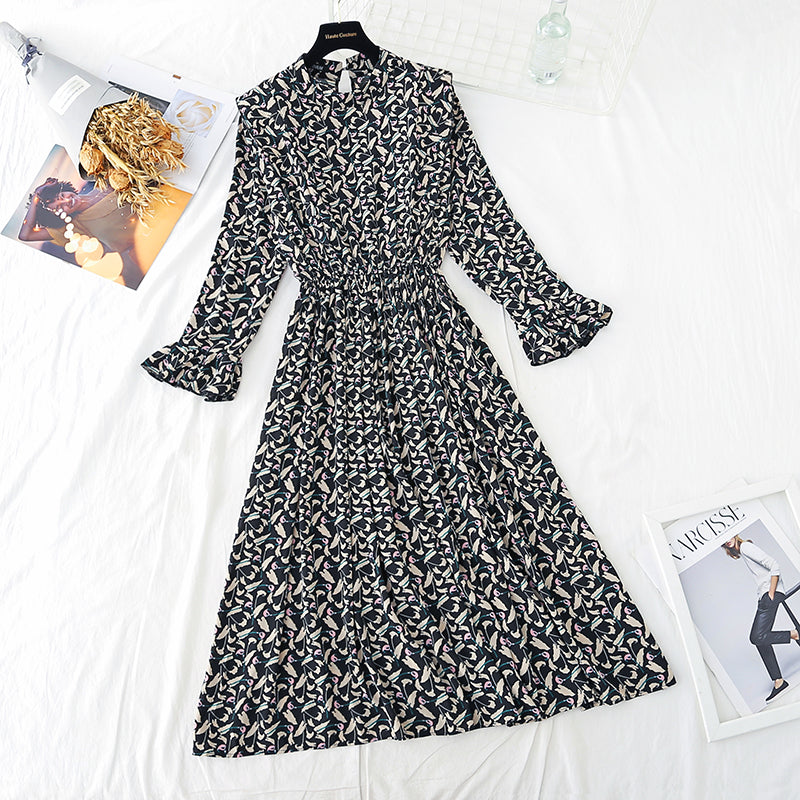 Ruffle sleeve waist closing slim large swing Floral Dress  4830