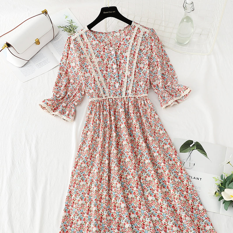 Lady floral dress tea break skirt French Vintage chiffon long skirt  4874