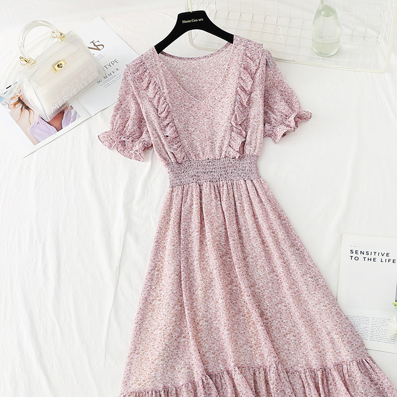 New French gentle style V-neck fungus edge Chiffon temperament small skirt  4858