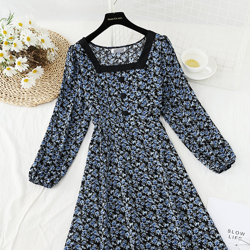 French tea break retro square collar niche chiffon long skirt  4836