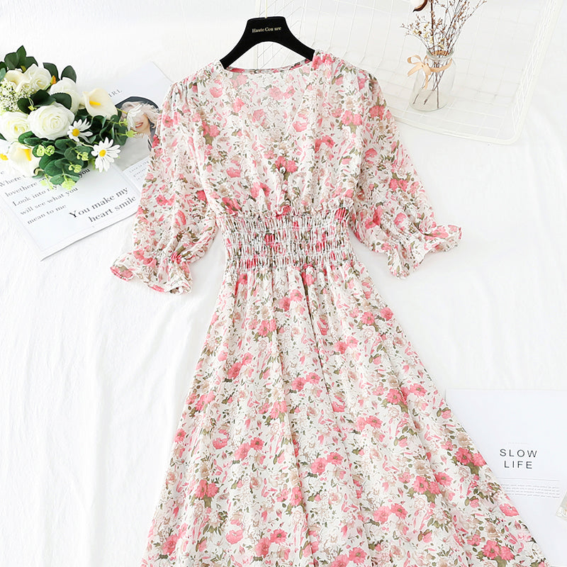 New French retro gentle fairy long skirt Short Sleeve Chiffon first love skirt  4854