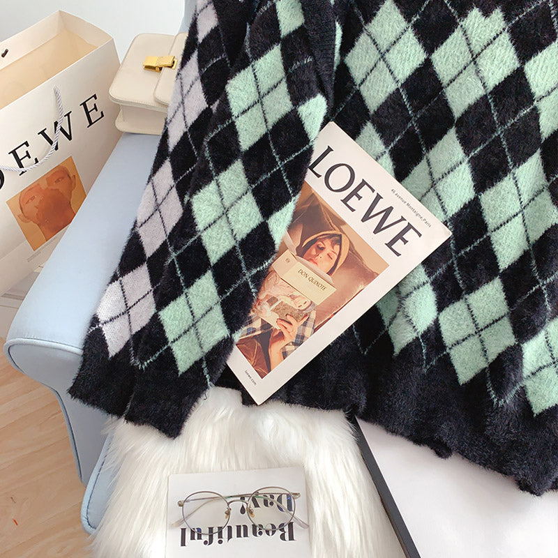 Sweet lazy wind imitation mink velvet checkered sweater  5006