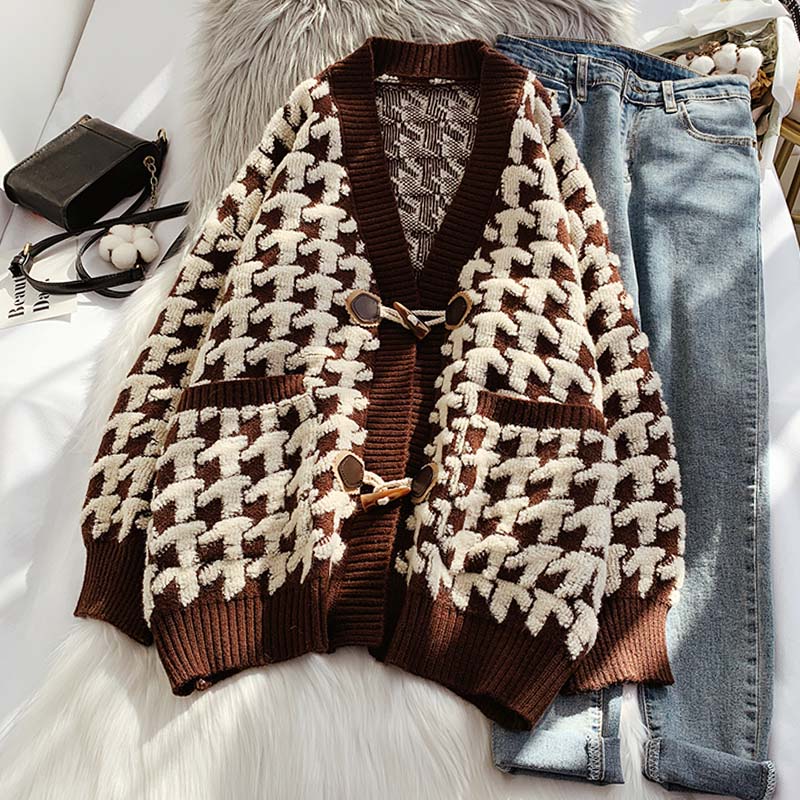 Thousand bird lattice ox horn buckle sweater coat female  4925