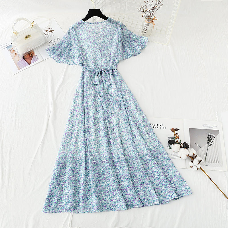 New tea break French chiffon long skirt V-neck waist slim A-line skirt  4889