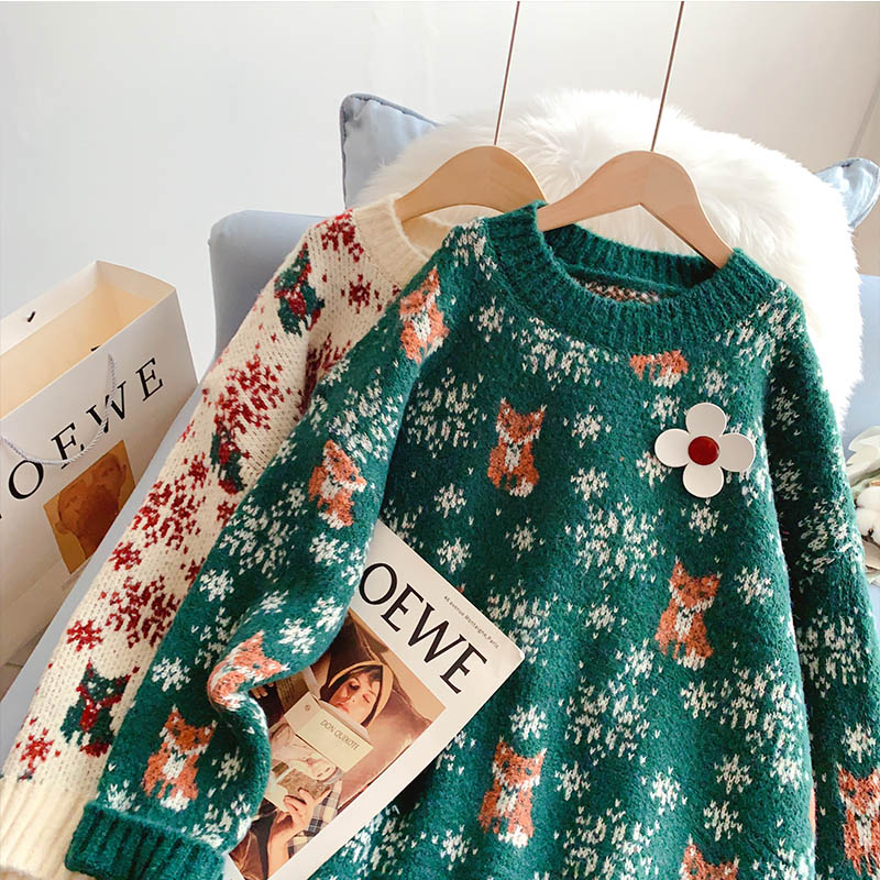 Vintage Red Christmas jacquard knitted sweater  4956