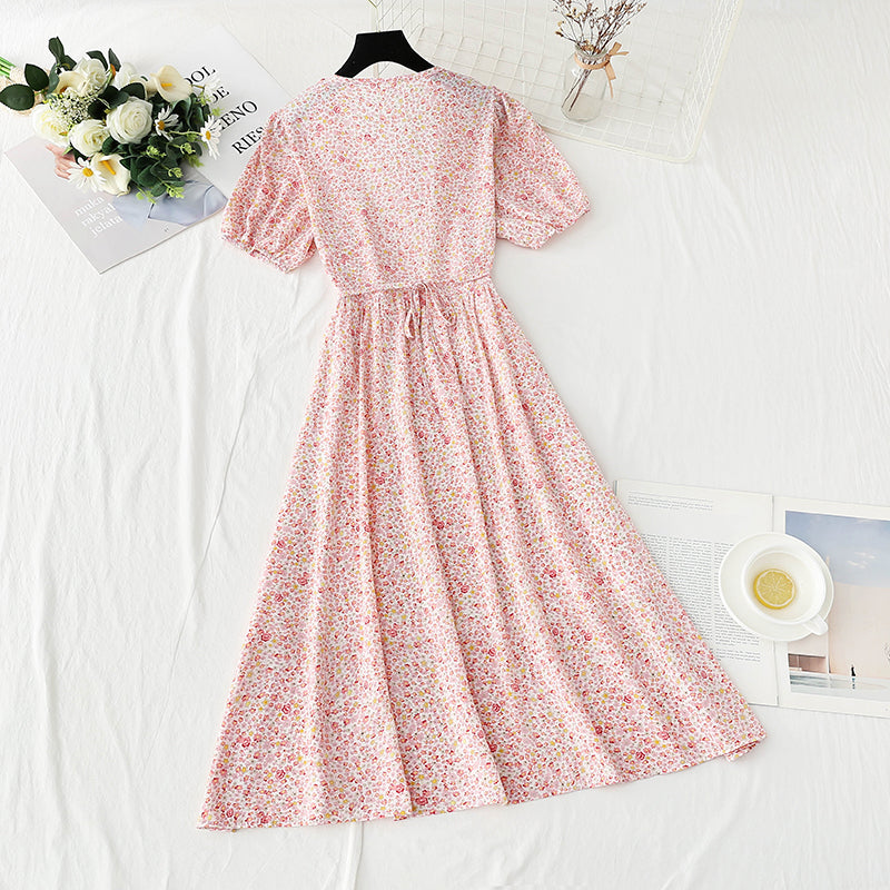 French first love sweet square neck bubble sleeve tea break skirt  4890