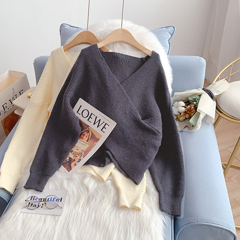 Koreanischer Pullover mit V-Ausschnitt Vintage lockeres faules Top 4971