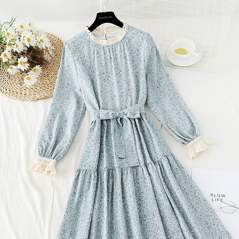 French retro floral dress slim chiffon long skirt  4829