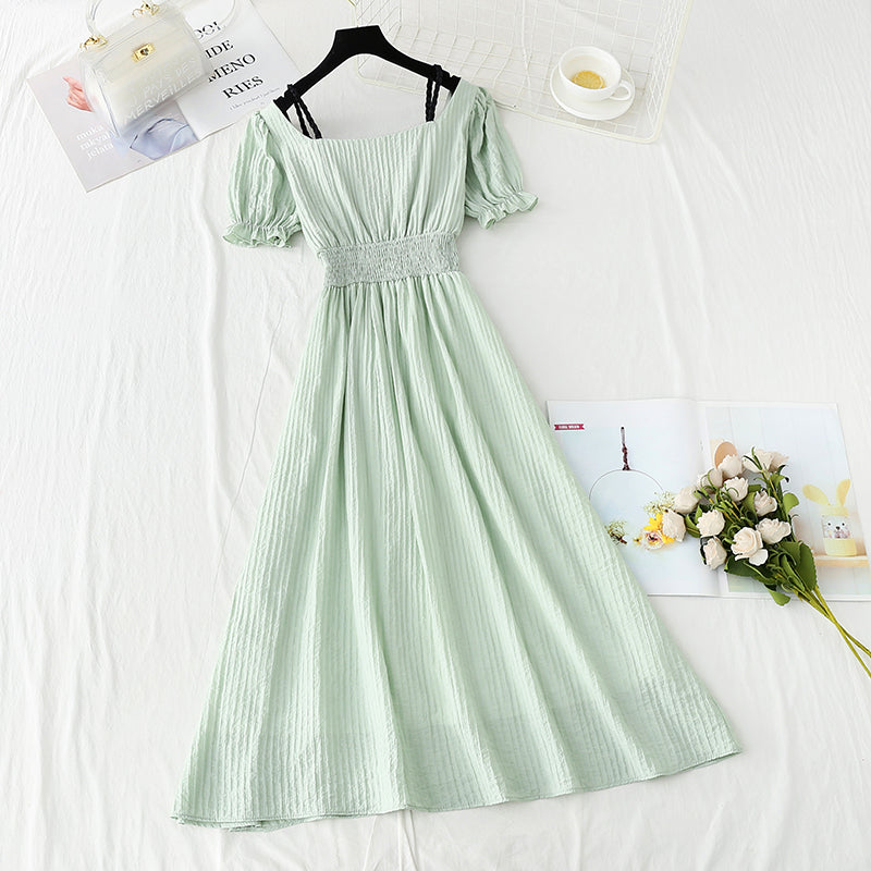 New French retro long skirt small fresh bubble sleeve fairy skirt  4904