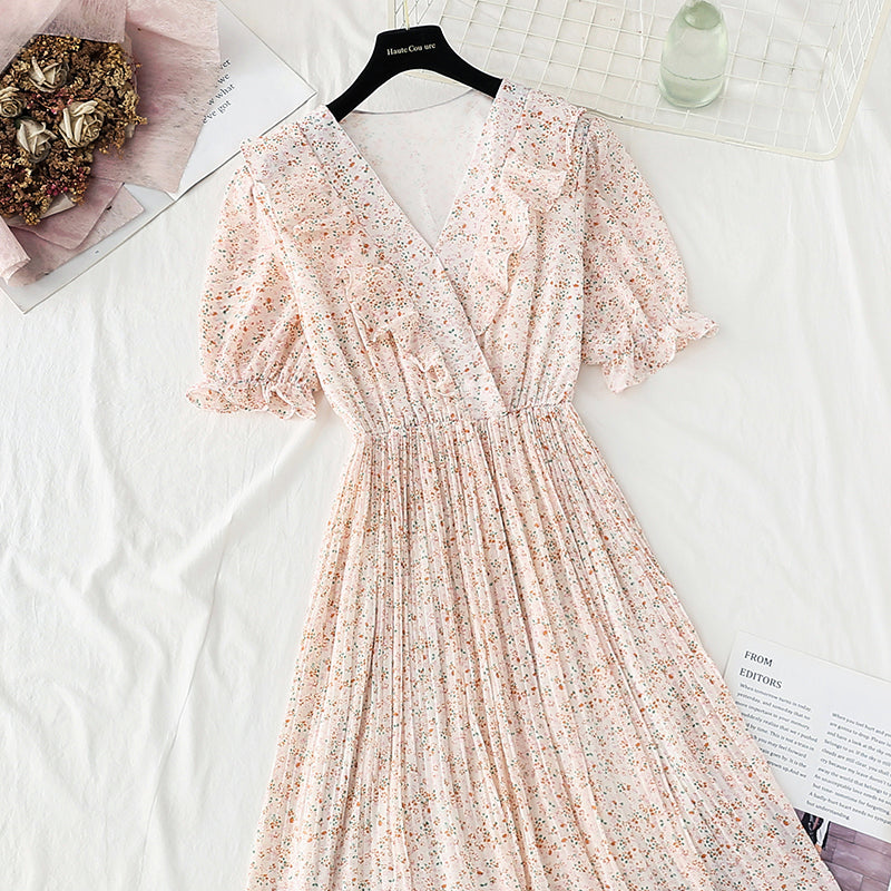 New French V-neck sweet Ruffle gentle snow spun dress  4852