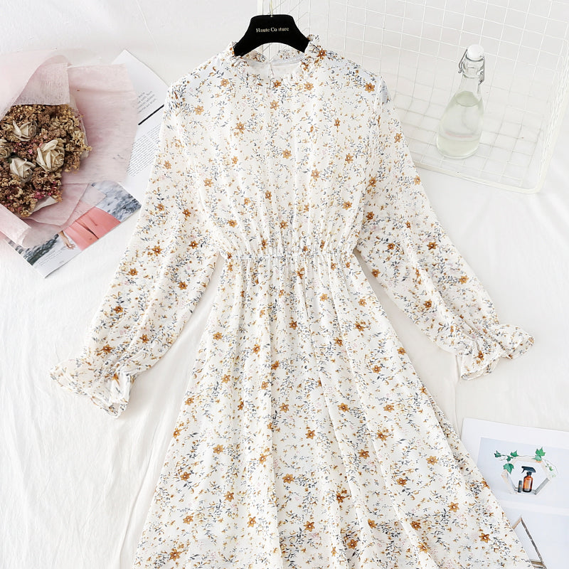 New style fungus Ruffle Skirt round neck slim Chiffon Dress  4834