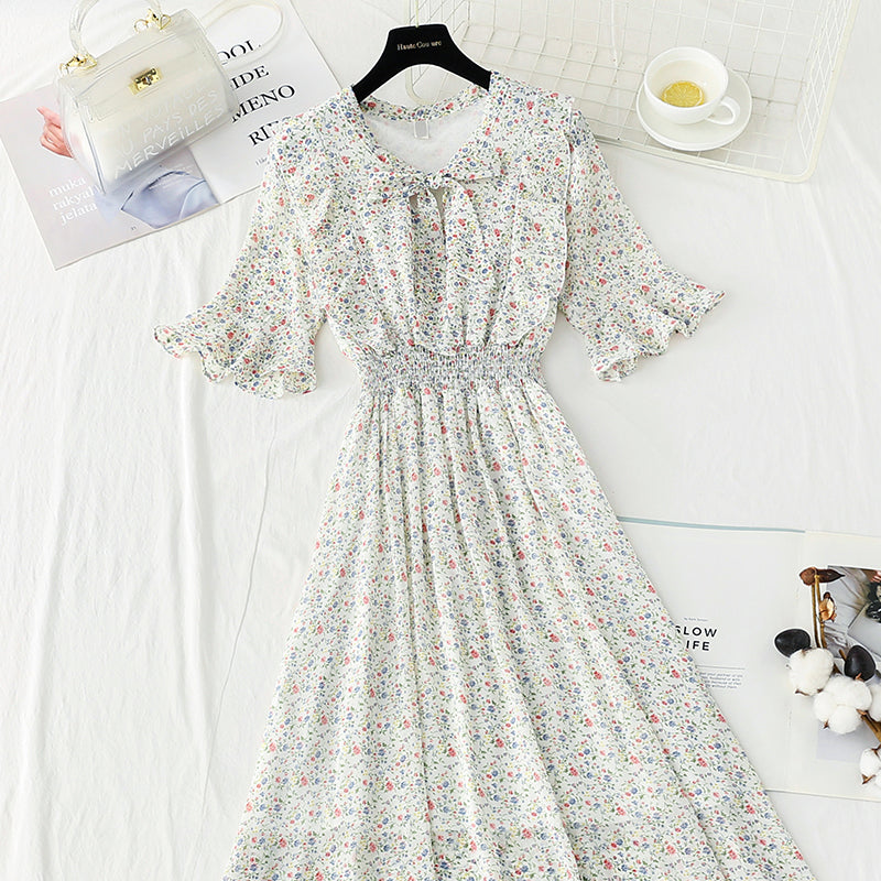 Slim tea break chiffon skirt retro floral long skirt  4892