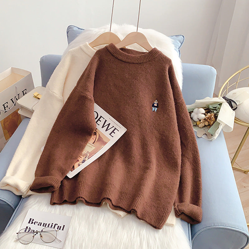 Embroidered bear sweater women's versatile sweater top  5029