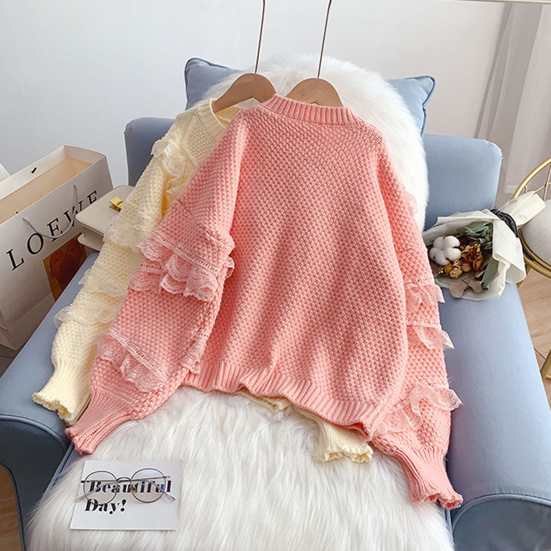 Lace stitching lace design sense niche sweater  5023