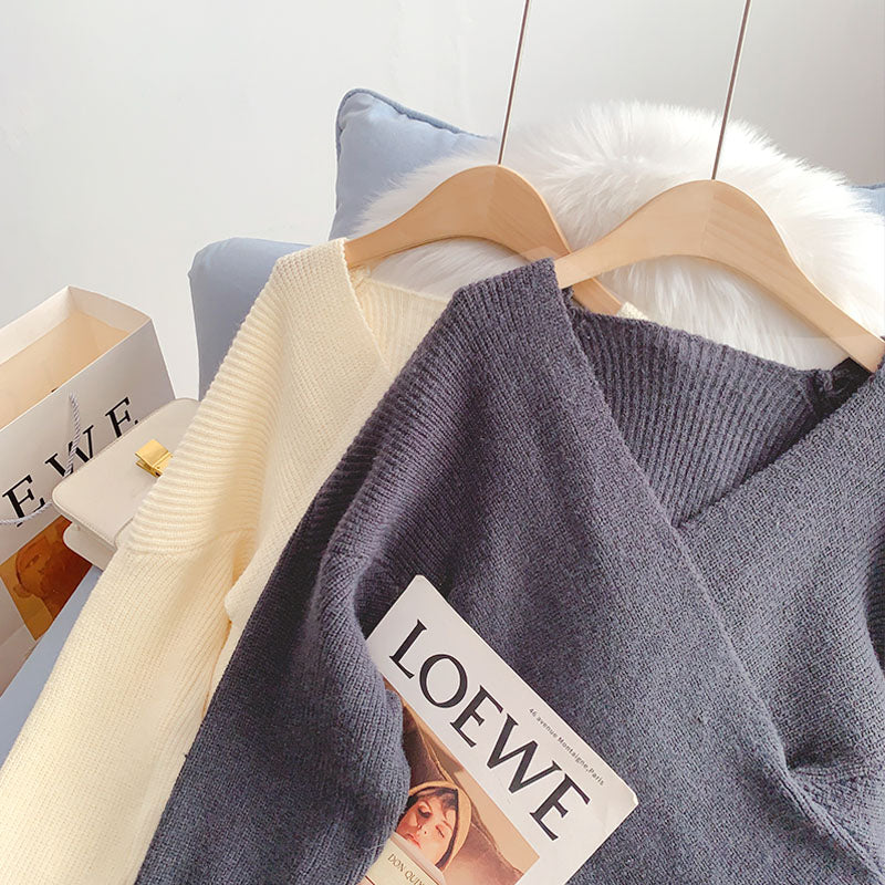 Koreanischer Pullover mit V-Ausschnitt Vintage lockeres faules Top 4971