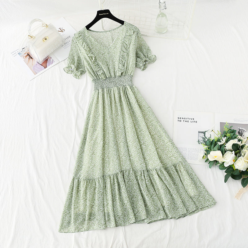 New French gentle style V-neck fungus edge Chiffon temperament small skirt  4858