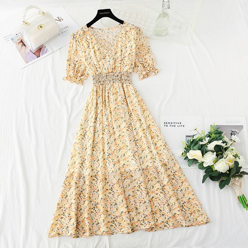 New French gentle V-neck Bubble Sleeve Chiffon fairy skirt  4876