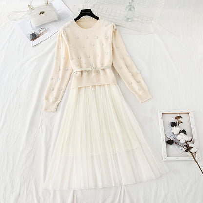 Knitted Pullover Sweater + mesh bottomed skirt medium length two piece suit  4773