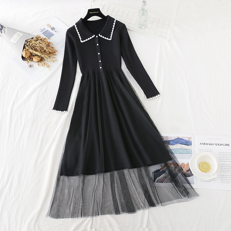 New age reduced doll neck mesh stitched knee length sweater skirt  4761