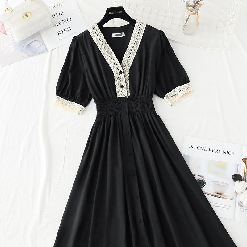 Lace edge French retro temperament, narrow waist and small black skirt  4905