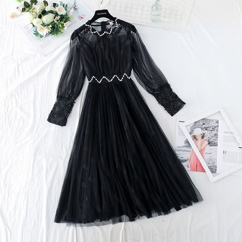 New style temperament, slim waist, sweet pearl Sequin mesh long skirt  4724