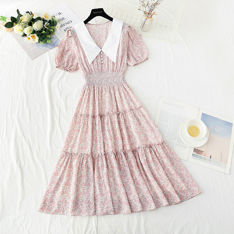 New doll collar skirt bubble sleeve floral medium length skirt  4877