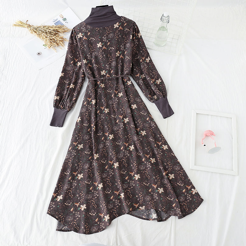 High neck floral dress with coat stitching  4783
