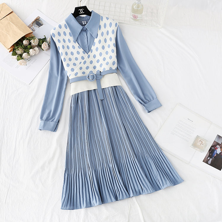 French retro wave point vest long skirt two-piece suit  4732