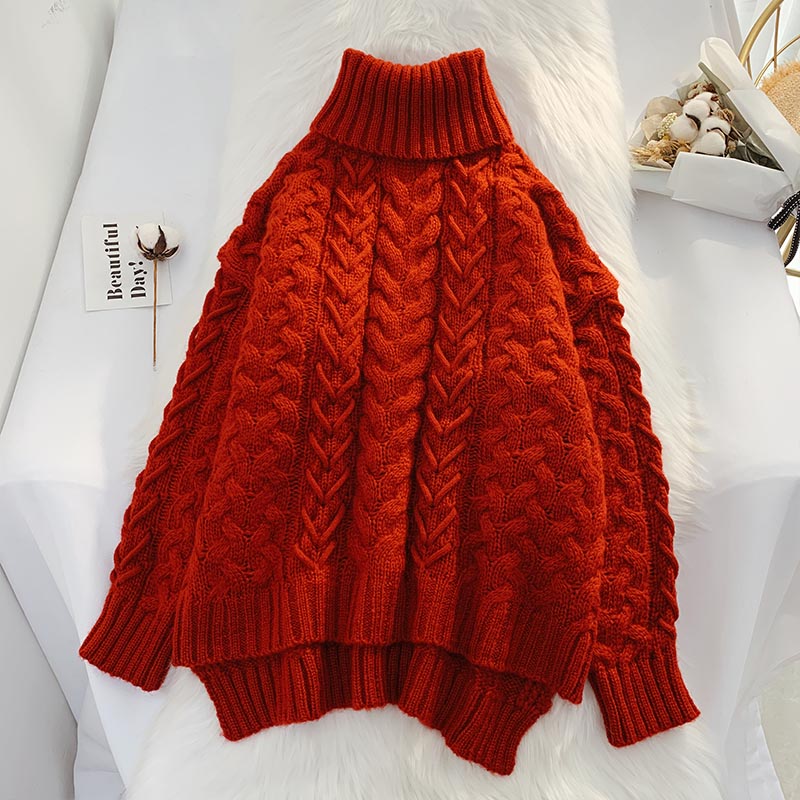 Red high neck twist sweater women's loose and lazy style  4911