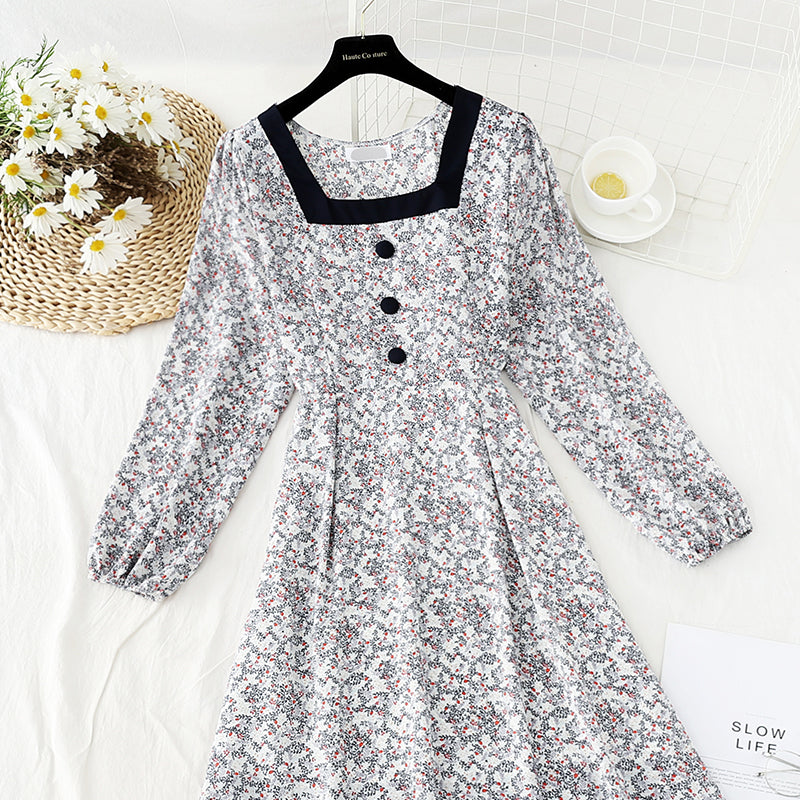 French tea break retro square collar niche chiffon long skirt  4836