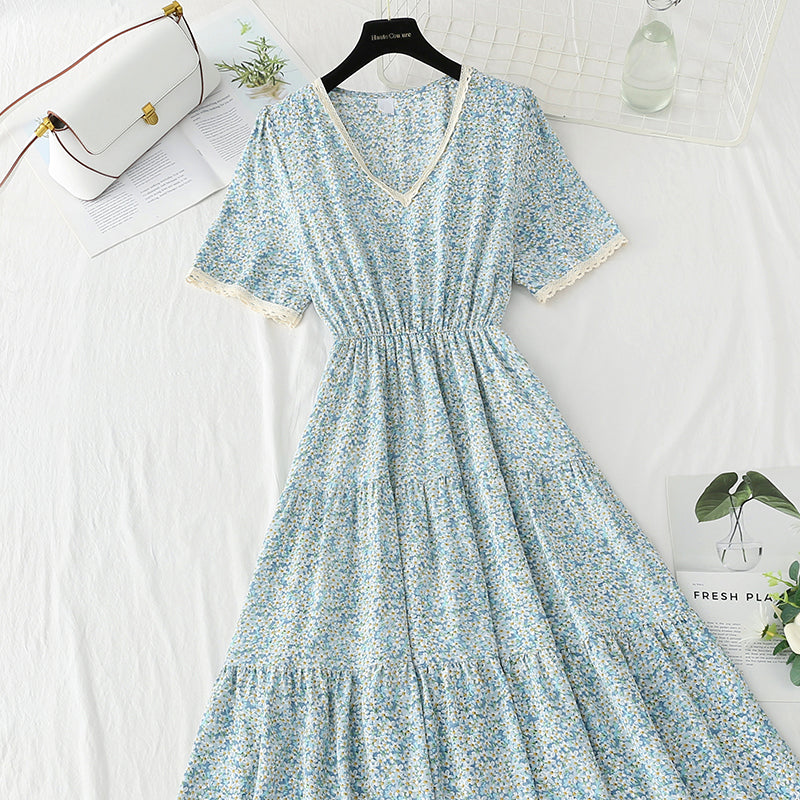 New sweet broken Flower Chiffon French retro lace V-neck slim dress  4873