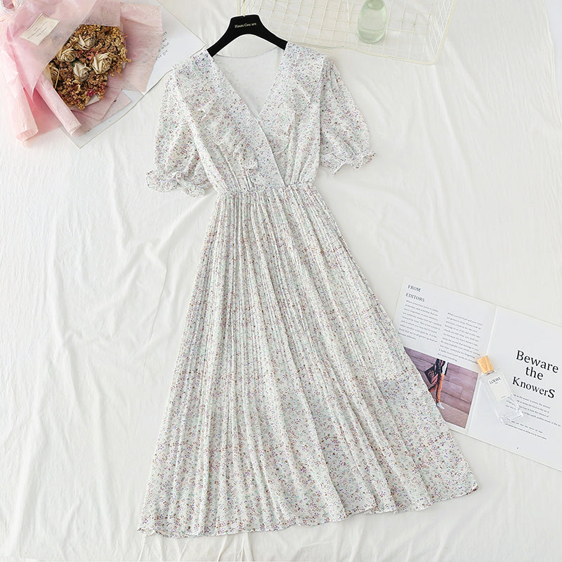 New French V-neck sweet Ruffle gentle snow spun dress  4852