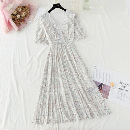 New French V-neck sweet Ruffle gentle snow spun dress  4852