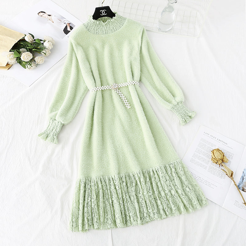 New style lace stitched knee length mink sweater with bottom skirt  4767