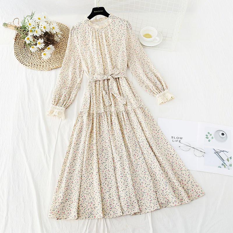 Ruffle sleeve waist closing slim large swing Floral Dress  4830