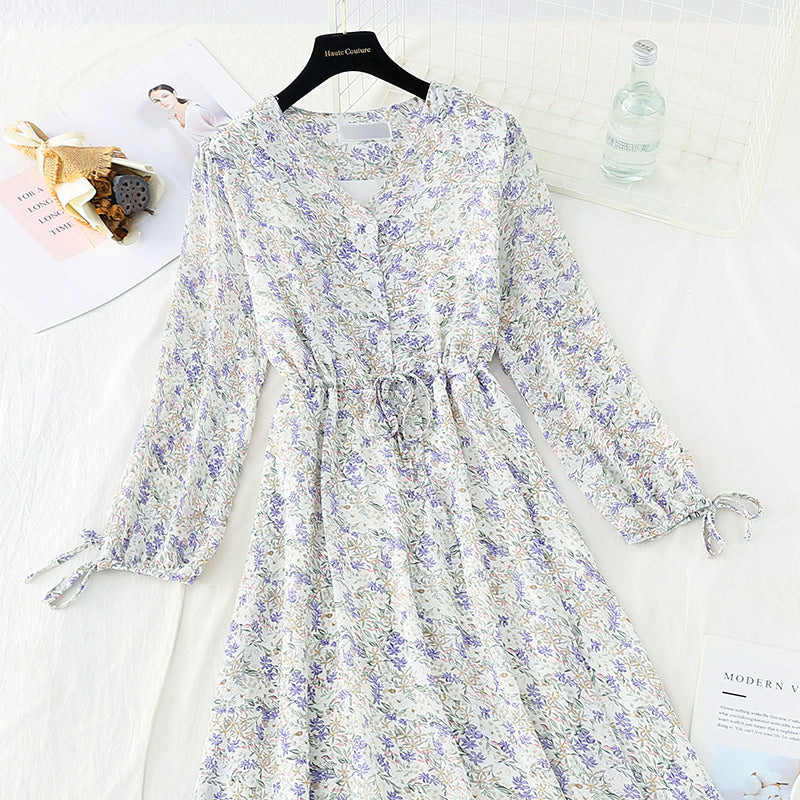 New long sleeve waistband lace up thin Chiffon gentle wind Floral Dress  4719