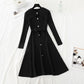Hollow out pearl button slim waist over knee wool dress  4751