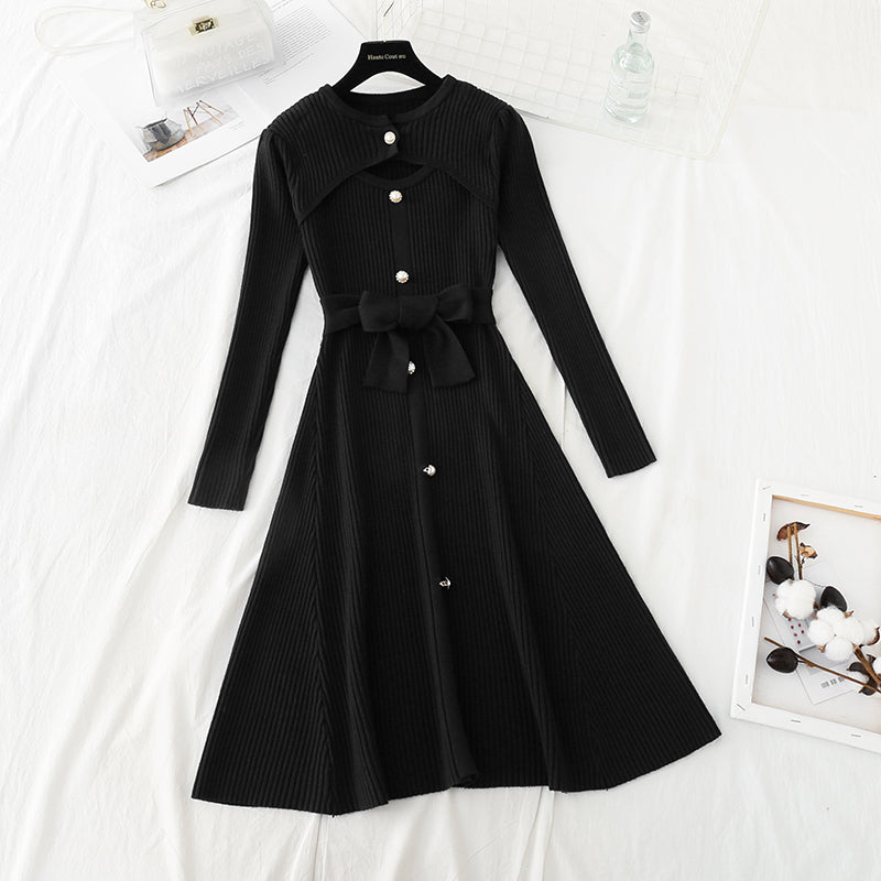 Hollow out pearl button slim waist over knee wool dress  4751