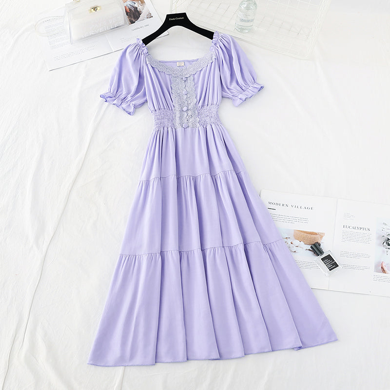 New style goddess of temperament fan lace edge French retro long skirt  4644