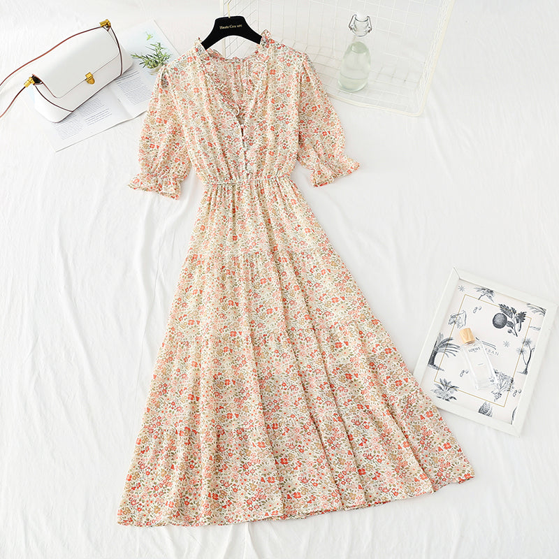 New sweet Floral Chiffon French V-neck slim fairy skirt  4872