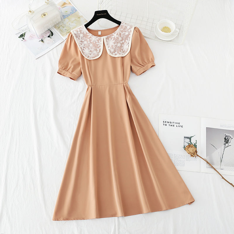 Lace doll Neck Chiffon Dress with slim waist  4855