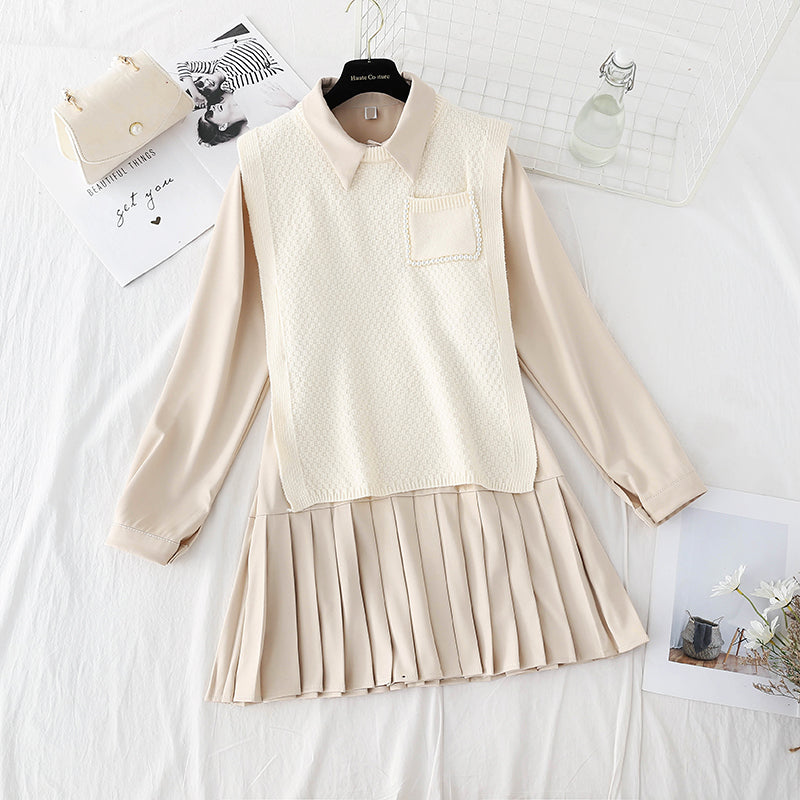 New knitted vest LONG SLEEVE bottomed Pleated Skirt Set  4818