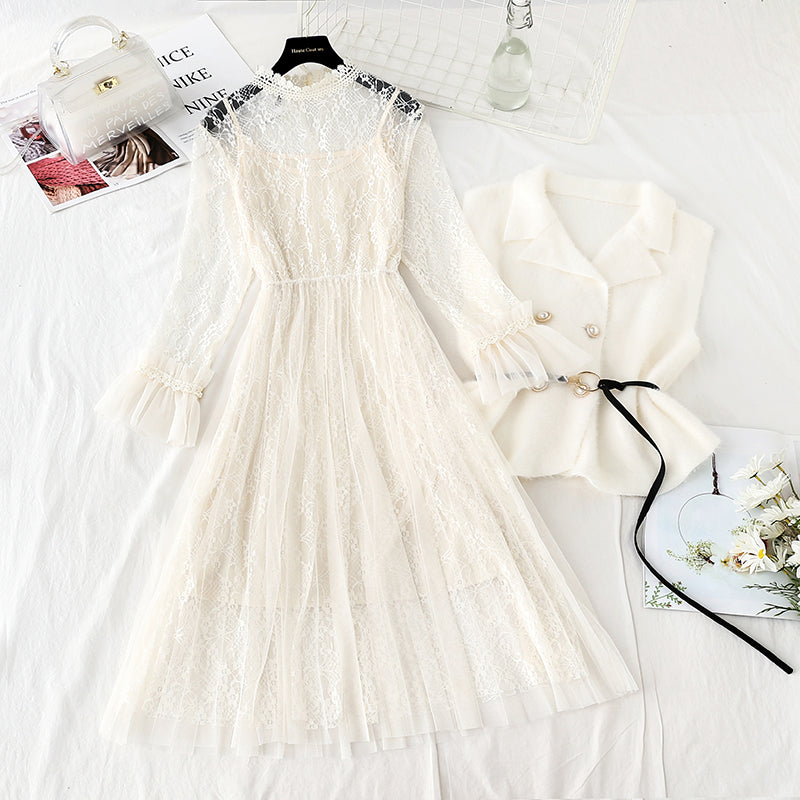 Super fairy lace dress vest skirt two piece set  4740