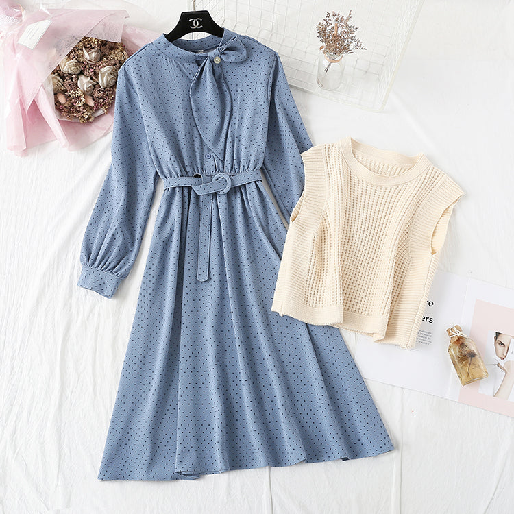 Net red Knitted Vest + Polka Dot bottomed skirt two-piece suit  4733